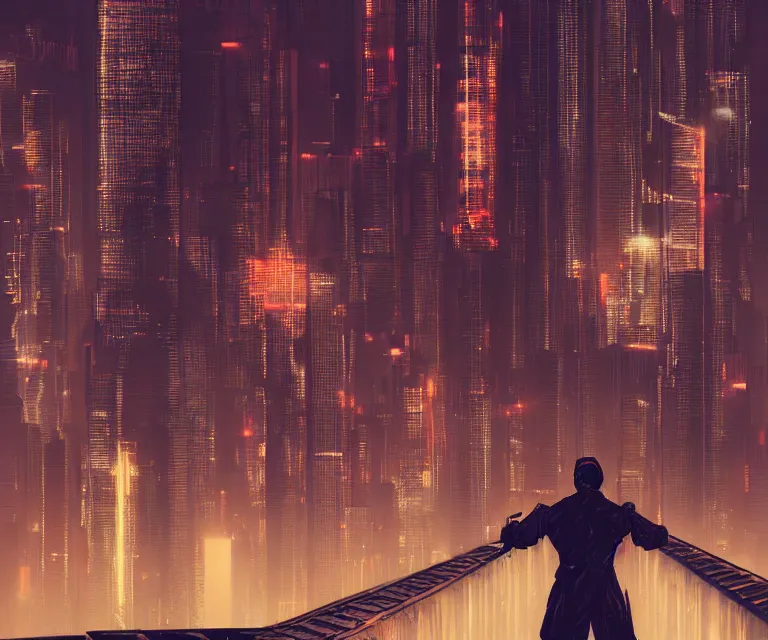 Image similar to a man standing on top of a bridge over a city, cyberpunk art by Vincent Lefevre, behance contest winner, altermodern, cityscape, synthwave, matte painting