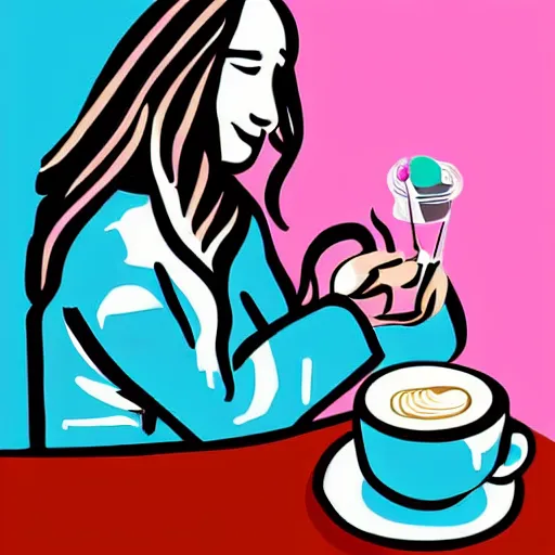 Prompt: Pin-art illustration. Close-up of a girl sitting at a café table, holding a cup of latte and whipped cream. You know the transparent glass cup, they often serve cold coffee drinks in such. The girl looks invitingly at the viewer and smiles with one corner of her mouth. It's all in light colors, in the colors of our corporate style. White, yellow-orange, a little blue