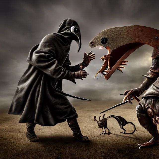 Image similar to plague doctor warrior confronting a giant plague rat, highly detailed, 8 k, hdr, smooth, sharp focus, high resolution, award - winning photo