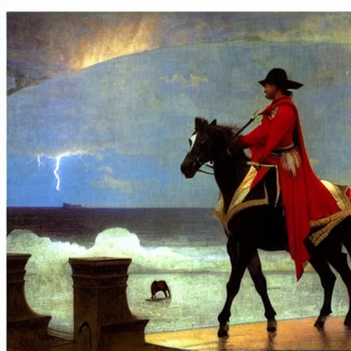 Image similar to Magician riding a horse leaving the castle through the bridge, thunderstorm, beach ocean on the background major arcana sky, by paul delaroche, alphonse mucha and arnold böcklin arnold böcklin hyperrealistic 8k, very detailed