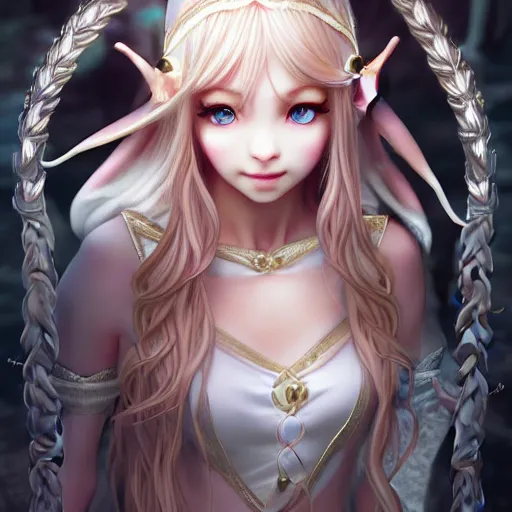 Prompt: happy elven bunny!!!!!!!!! priestess in the temple, mmmmim, fancy silver runes, intricate braided hair, plump body, manga panel by kosuke kurose, soft lighting, highly detailed face, cozy atmosphere, sharp focus, artstation, secret of mana, sophie anderson, arnold armitage, loish