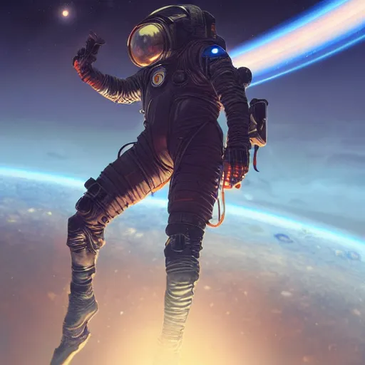 Image similar to cyberpunk astronaut falling through the majestic clouds of jupiter, by cedric peyravernay and feng zhu, highly detailed, excellent composition, cinematic concept art, dramatic lighting, trending on artstation