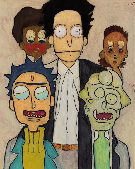 Image similar to portrait of rick and morty by egon schiele in the style of greg rutkowski