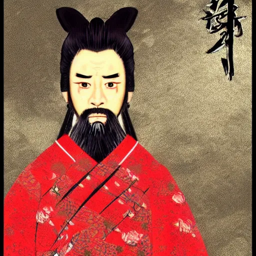 Prompt: Miyamoto Musashi, 45 years old, wearing red samurai armor, long black beard, digital art