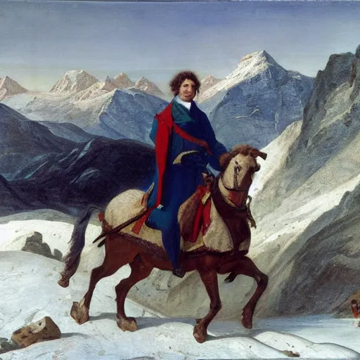 Image similar to benjamin netanyahu crossing the alps, oil painting by jacques - louis david