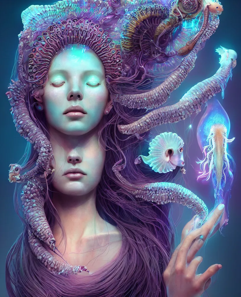 Image similar to goddess close-up portrait of princess face and ram skull. eyes. jellyfish phoenix head, nautilus, orchid, skull, betta fish, bioluminiscent creatures, intricate artwork by Tooth Wu and wlop and beeple. octane render, trending on artstation, greg rutkowski very coherent symmetrical artwork. cinematic, hyper realism, high detail, octane render, 8k