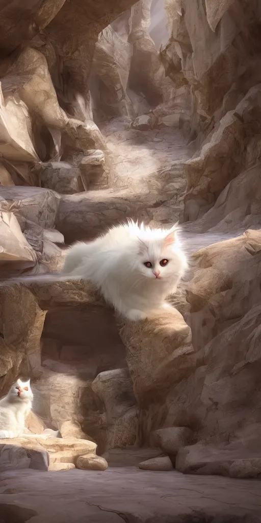 Image similar to white fluffy cat on a throne inside of slot canyons, colorful, behance contest winner, vanitas, angular, altermodern, unreal engine 5 highly rendered, global illumination, radiant light, detailed and intricate environment