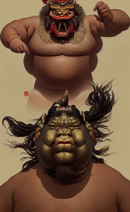 Prompt: a dynamic portrait of a gigantic sumo wrestler, a fat tank monster wearing a tibetan demon mask, concept art, deep focus, fantasy, intricate, highly detailed, digital painting, artstation, matte, sharp focus, illustration, art by greg rutkowski and alphonse mucha