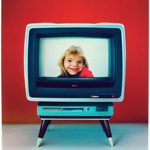 Prompt: analog tv screen in 1990\'s classic kids room with lights off, flash image, shot on webcam
