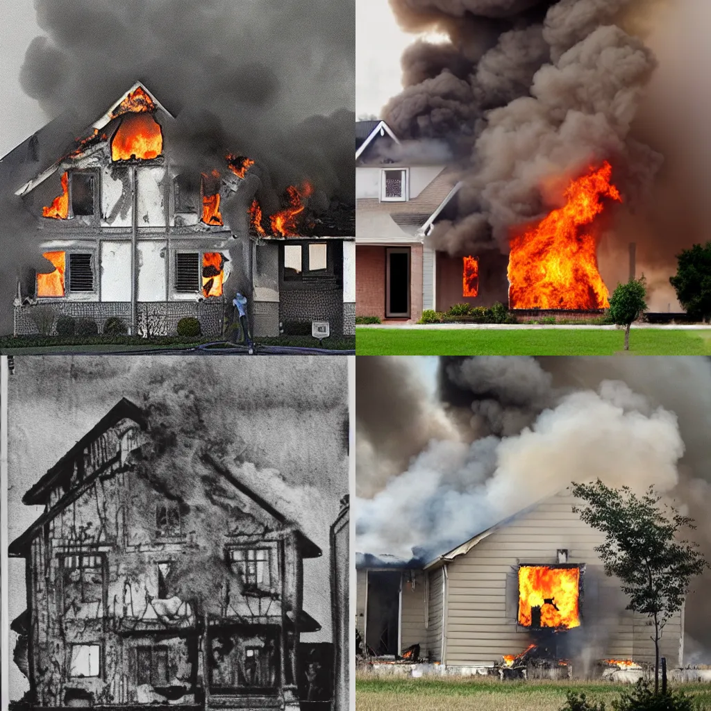 Prompt: A house on fire. A man's big crying face in the lower right corner of the screen.