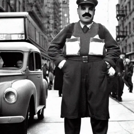 Image similar to super Mario standing in the streets of 1940s new york