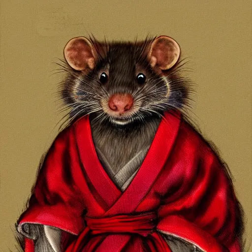 Prompt: a portrait of Hamato Yoshi the brown rat in red kimono in the style of Rembrandt, painting, realistic, digital art