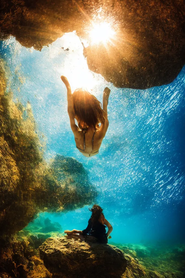 Image similar to underwater looking up, one woman sitting alone on a large rock in a deep trench , looking toward the sun rays and caustics, film , cinematic, underwater photography, low angle view, wide lens