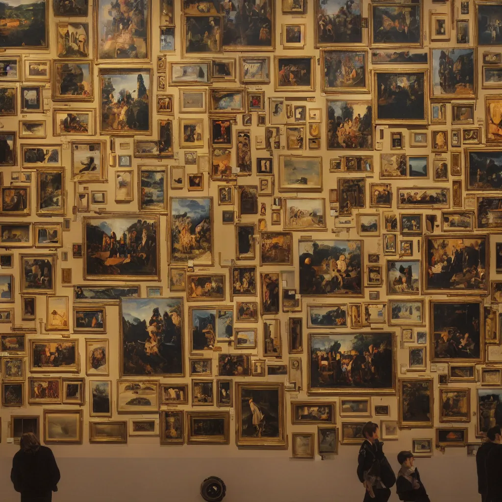 Image similar to a wall at an exhibition that has six of the world's most famous paintings