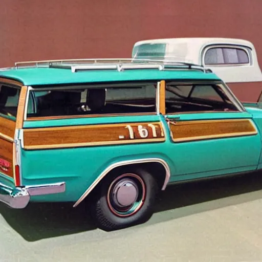 Image similar to 1 9 7 0's woody station wagon in the style of cybertruck