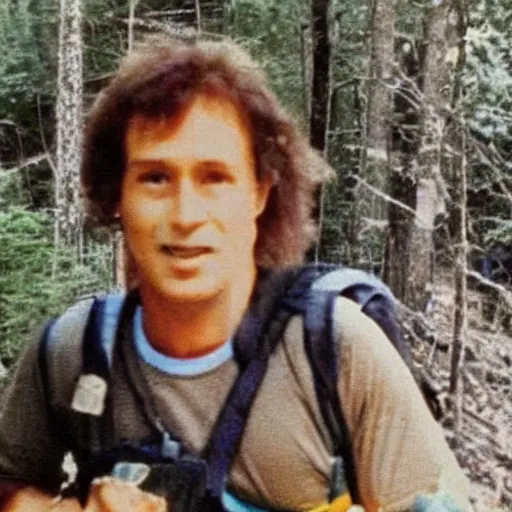 Prompt: A screen capture of found footage video left behind by missing hiker in 1986