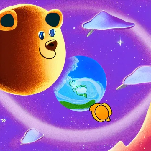 Image similar to cartoon illustration of a bear mascot being launched from a futuristic marble planet, purple and orange cloudland