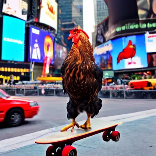 Prompt: a chicken riding a skateboard on time square