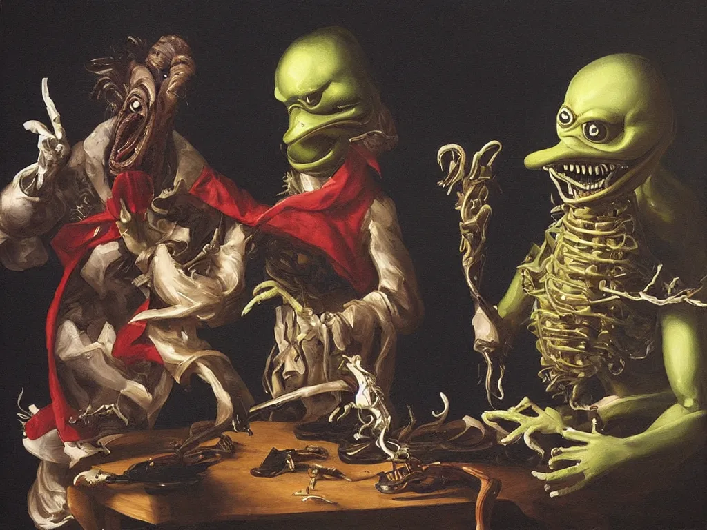 Prompt: “high quality oil painting of Mozart and xenomorph performing a duet for the muppets”