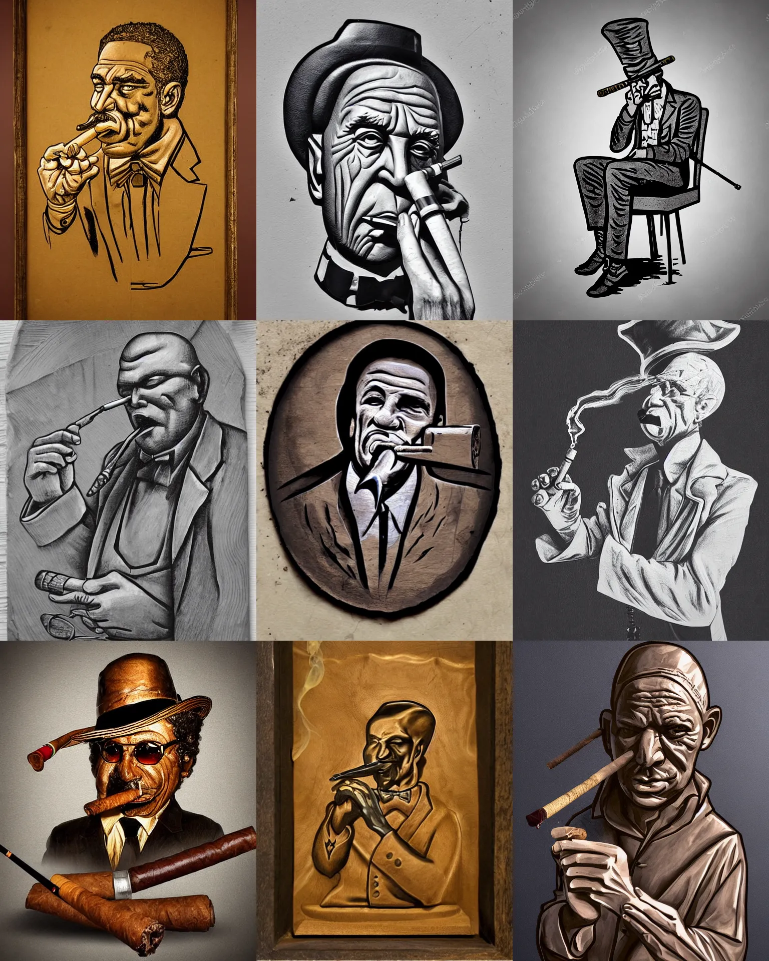 Prompt: artistic carving portrait of futuristic pimp smoking cigar with cane, techno-punk