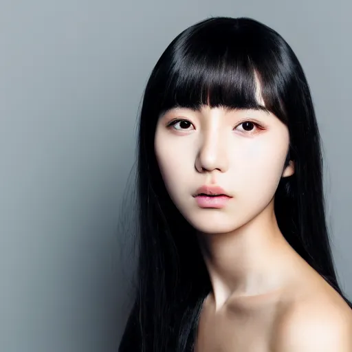 Prompt: Beautiful young korean woman with deep brown eyes and black hair posing for a portrait mode photo, long hair with bangs haircut, light makeup, white background, photo realism, 4k detail