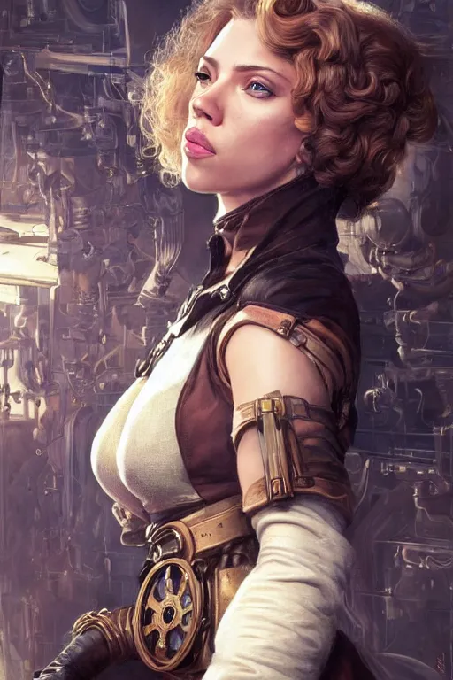 Image similar to Scarlett Johansson in a steampunk outfit, anatomy, only two hands, highly detailed, digital painting, artstation, concept art, smooth, sharp focus, illustration, Unreal Engine 5, 8K, art by art by artgerm and greg rutkowski and edgar maxence