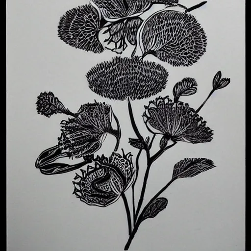 Image similar to block print, aesthetic, botanical art, boho, black ink on white paper