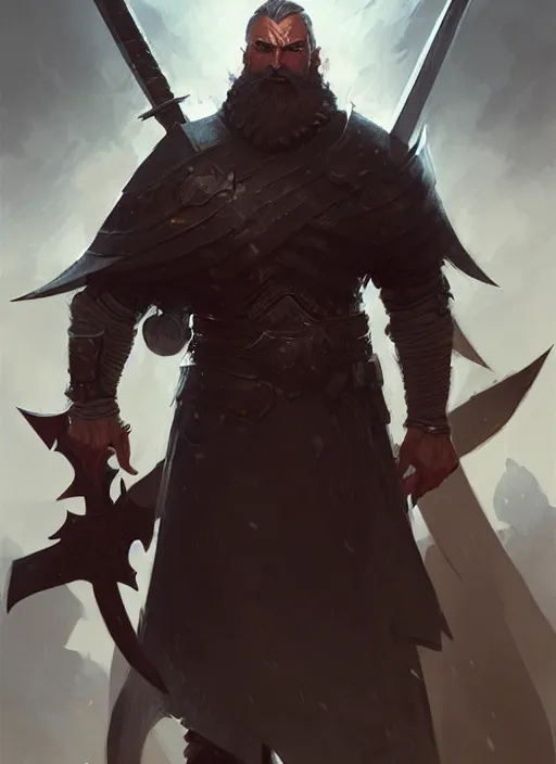 Image similar to epic bearded war commander with gigantic sword and large shield. highly detailed, digital painting, concept art, smooth, sharp focus, illustration, art by greg rutkowski