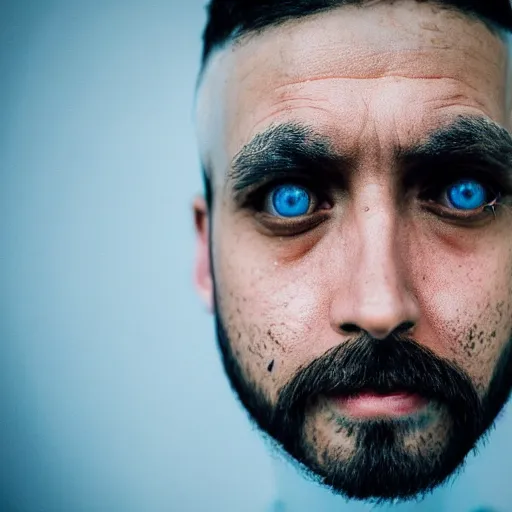 Image similar to fish eye lens close up photograph of a man with blue skin and a goatee side eyeing the camera with a sympathetic look