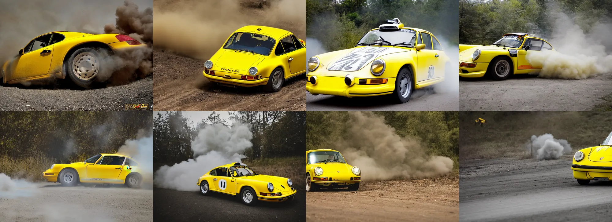 Prompt: old rally shot of a yellow porsche , high speed, smoke, dirt