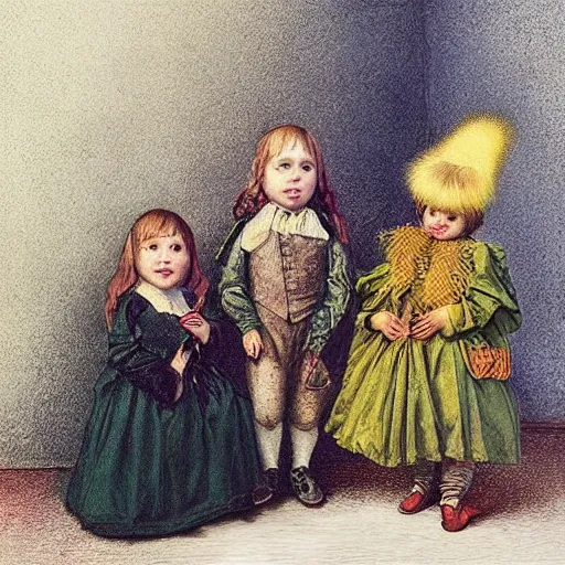 Image similar to “ inbred children devouring photorealistic crayola crayons, wearing victorian regalia, unnatural movement, simple, renaissance, hyperrealism, 8 k, 3 d, hyperrealism, masterpiece ”