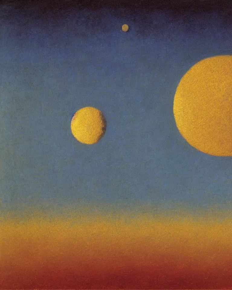 Image similar to achingly beautiful painting of the moon on a gold background by rene magritte, monet, and turner.