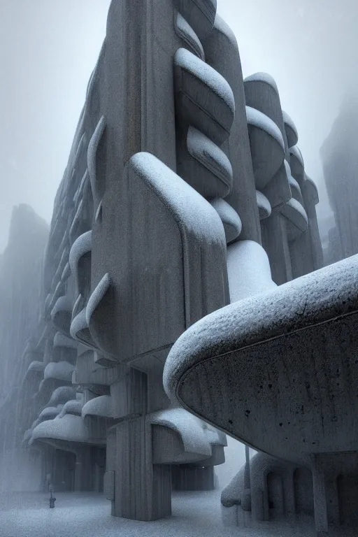 Prompt: sci - fi concrete brutalist architecture in the italian dolomites, snowfall, rutkowski, zaha hadid, beksinski, oil painting, photoreal, highly detailed, 8 k, hd, vray, artstation, cinematic matte painting, extreme detail photo quality, dark moody colors, featured on behance