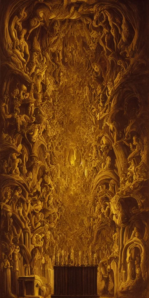 Image similar to pipe organ pies and ghosts intricately carved from dark smoke, high detail baroque oil painting, golden ratio, volumetric light, godrays, terrifying geometry, alan lee, caravaggio, michelangelo