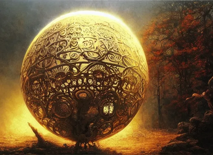 Image similar to large rustic intricately decorated cast iron gate, a view to an eerie fantasy world, golden glowing sphere, ethereal back light, mist, coherent composition, detailed fantasy painting by noriyoshi ohrai, yuumei