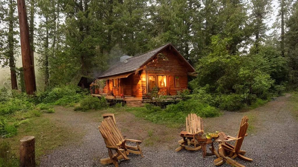 Image similar to small wooden cottage in the forest, chairs the porch, smoke coming out of the chimney, dusk, redwood trees, peaceful, river running past the cottage, a wooden rowing boat, galaxy in the night sky