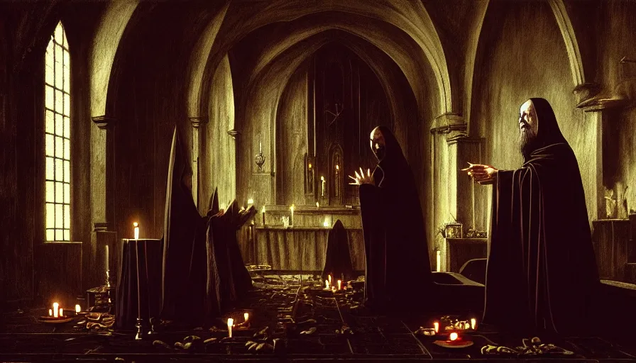 Prompt: a dark priest conducts a ceremony, church, rotting religion, death, fear, horror, ultra realistic, hyperrealism, fine details, detailed and intricate environment, by barlowe, by wayne, by caravaggio, 4 k