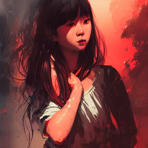 Image similar to full body portrait of a korean schoolgirl with long hair and bangs, her arms are mutating into thin red tedrils, dramatic lighting, illustration by Greg rutkowski, yoji shinkawa, 4k, digital art, sci-fi horror concept art, trending on artstation