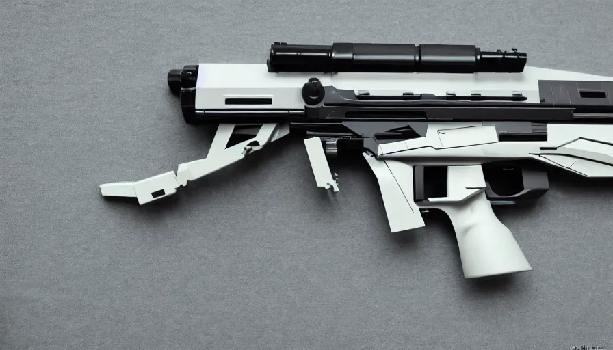 Prompt: extremely detailed realistic side view of a sci fi bullpup laser rifle, detailed pistol trigger, chemically propelled, massive battery, smooth and square, caseless ammo, side fed, railgun, chemrail, gauss, elegant sleek smooth body, white paint, sleek utopian design, ultra high quality, realistic, octane, call of duty, warframe, terminator