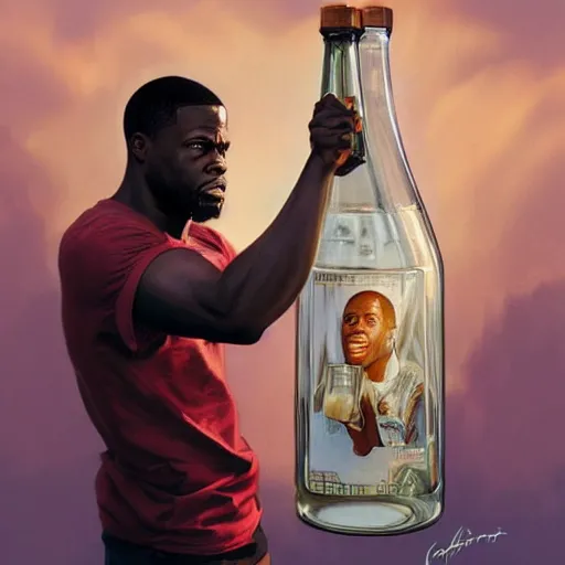 Image similar to clear portrait of kevin hart holding a gigantic bottle of milk, golden hour background, cottagecore!!, hyper detailed, character concept, full body, dynamic pose, intricate, elegant, highly detailed, digital painting, artstation, concept art, smooth, sharp focus, illustration, art by artgerm and greg rutkowski and alphonse mucha