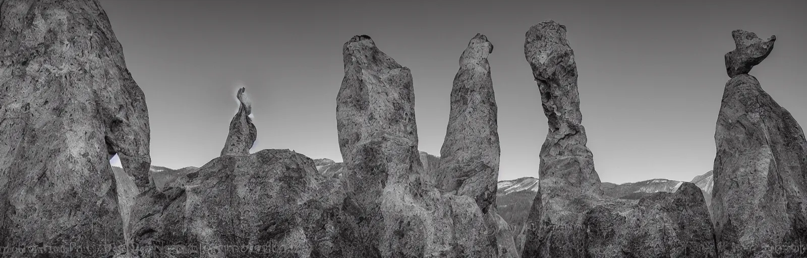 Image similar to to fathom hell or soar angelic, just take a pinch of psychedelic, medium format photograph of two colossal minimalistic necktie sculpture installations by antony gormley and anthony caro in yosemite national park, made from iron, marble, and limestone, granite peaks visible in the background, taken in the night