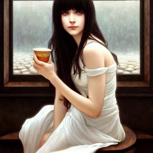 Prompt: a beautiful girl with long dark hair and bangs, wearing a white dress, sitting alone in a cafe, fantasy, intricate, elegant, highly detailed, digital painting, artstation, concept art, matte, sharp focus, illustration, art by Artgerm and Greg Rutkowski and Alphonse Mucha