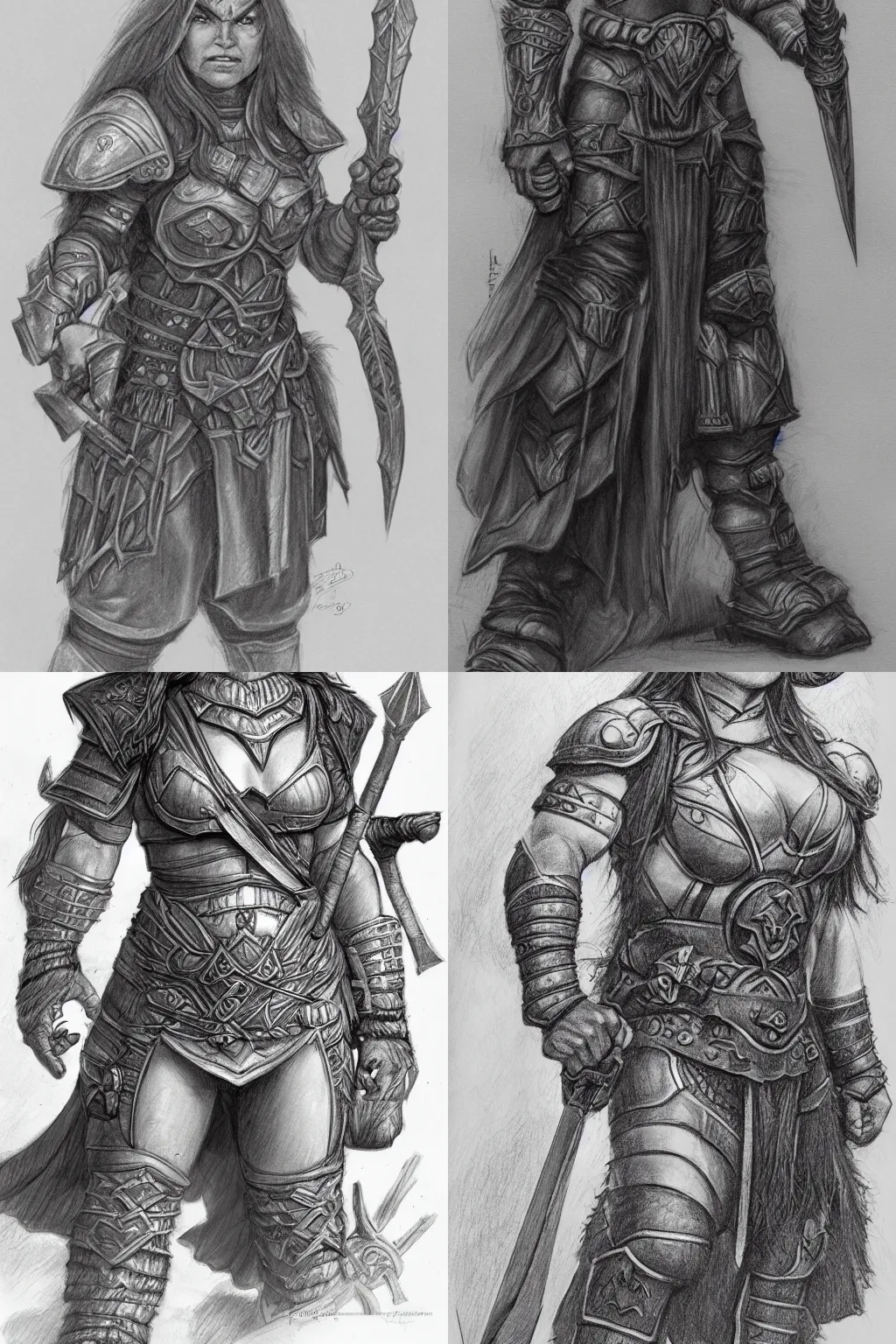 Prompt: female dwarven warrior | pencil sketch | hyperdetailed | larry elmore | waist-up |