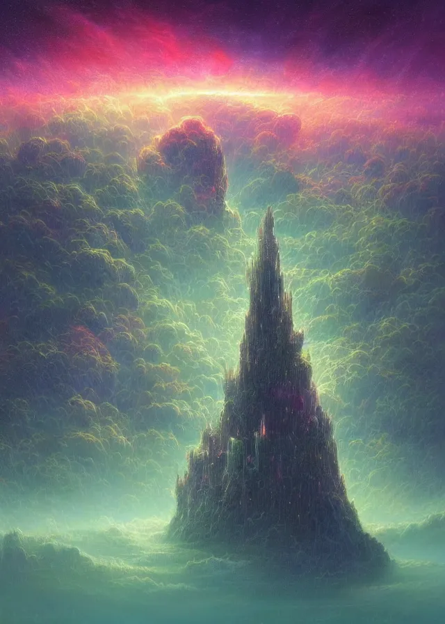 Image similar to an ultra detailed midjourney concept digital art painting of a flying island castle city, towers levitating across space in an iridescent nebula by paul lehr kazumasa uchio situated in a starry expanse of bioluminescent cosmic worlds by beksinski and beeple, ecological art, sharp details, floating citadel with towers, trending on artstation