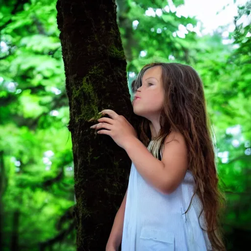 Prompt: a girl looking out over a lush green forest