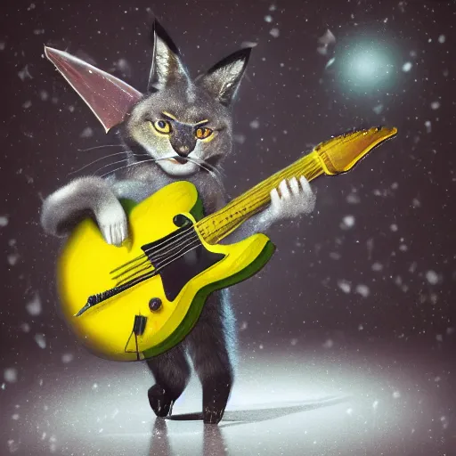 Prompt: smiling cute caracal playing yellow triangular Gibson Flying-V electroguitar in hat in winter at streets of Moscow, sharp focus, fantasy style, octane render, volumetric lighting, 8k high definition, by greg rutkowski, highly detailed, trending on art Station