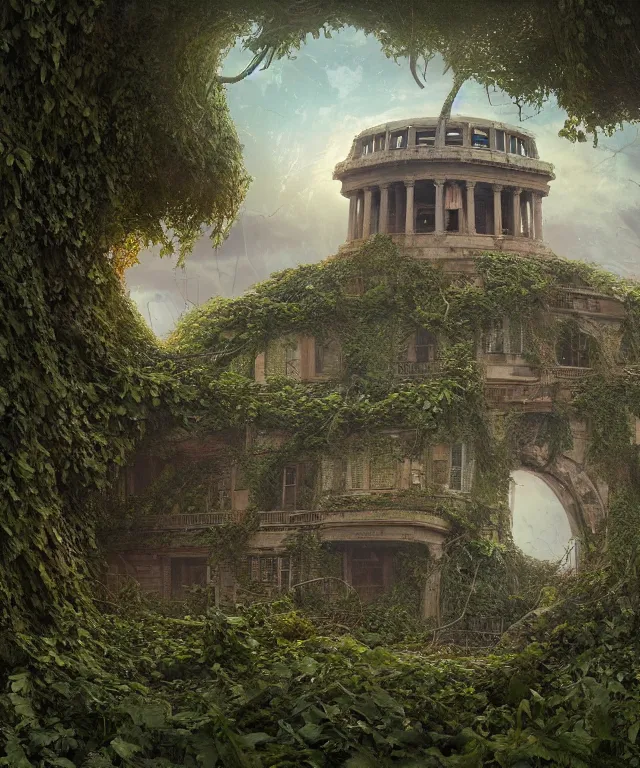 Prompt: highly detailed digital matte painting of an overgrown, abandoned, damaged Lady of Liberty, taken back by nature, vines. Full shot. By Raphael LaCoste and Ruan Jia and Robert McCall, postcyberpunk, geodesic dome, hyperdetailed, sunrise, wide shot, autochrome, octane render