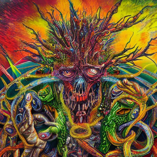 Image similar to a high hyper - detailed painting with complex textures of the face of contradictions in fusion, when determinism and the indeterminate play strange syntheses awakening chaotic, deformed beings and rebellious monsters made of candies and psychotropic psychoactive substances psychedelic fulcolor spiritual chaos surrealism horror bizarre psycho art