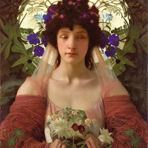Image similar to princess of flowers, by annie swynnerton and charlie bowater and diego rivera and william - adolphe bouguereau, nicholas roerich and jean delville and evelyn de morgan, dramatic lighting, brocade robes, elaborate floral ornament, rich colors, smooth sharp focus, extremely detailed, donato giancola, adolf wolfli