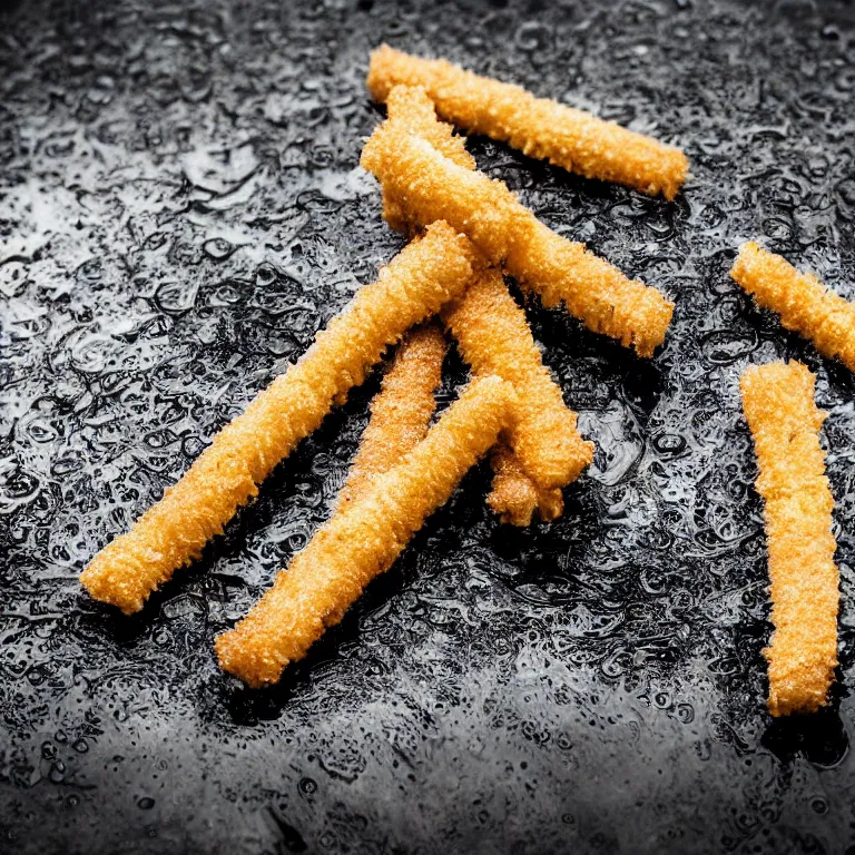 Image similar to Soaking wet soggy fish stick drenched with a stream water from a faucet on a moist wet plate. Very wet delicious crusty fish sticks. Macro lens close up 4K ultra high contrast award winning photo